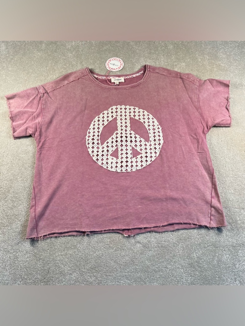 Peace Sign Sweatshirt Short Sleeve Cutoff New Umgee Pink Cotton women's medium